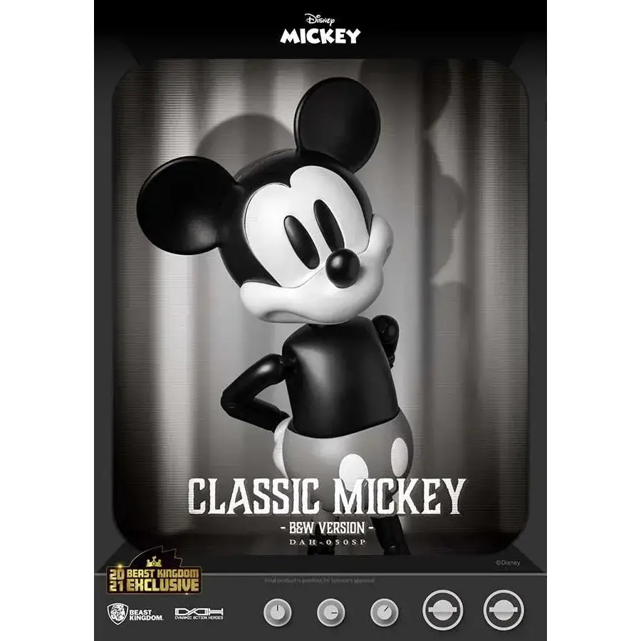 Klassisk Mickey Mouse-figur i svartvitt med runda öron och prickiga shorts