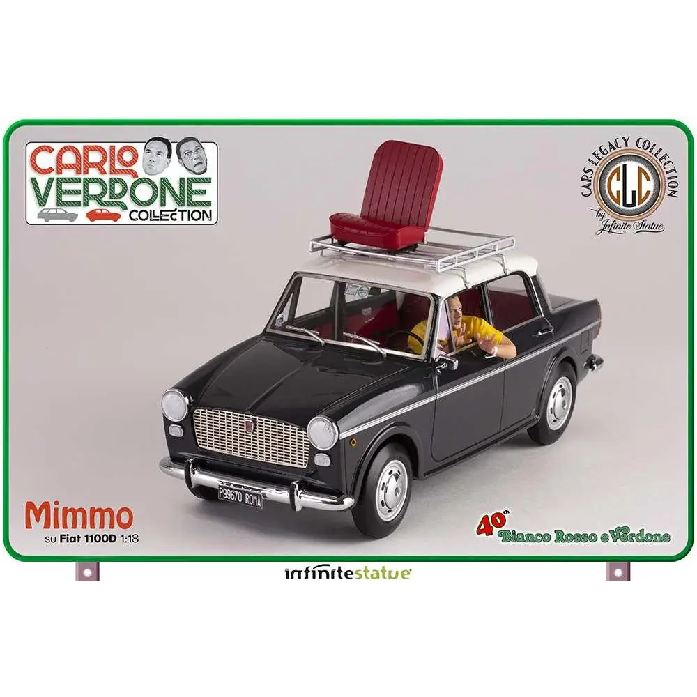 Svart Fiat 1100D 1/18 resinmodellbil med röd stol på takräcke