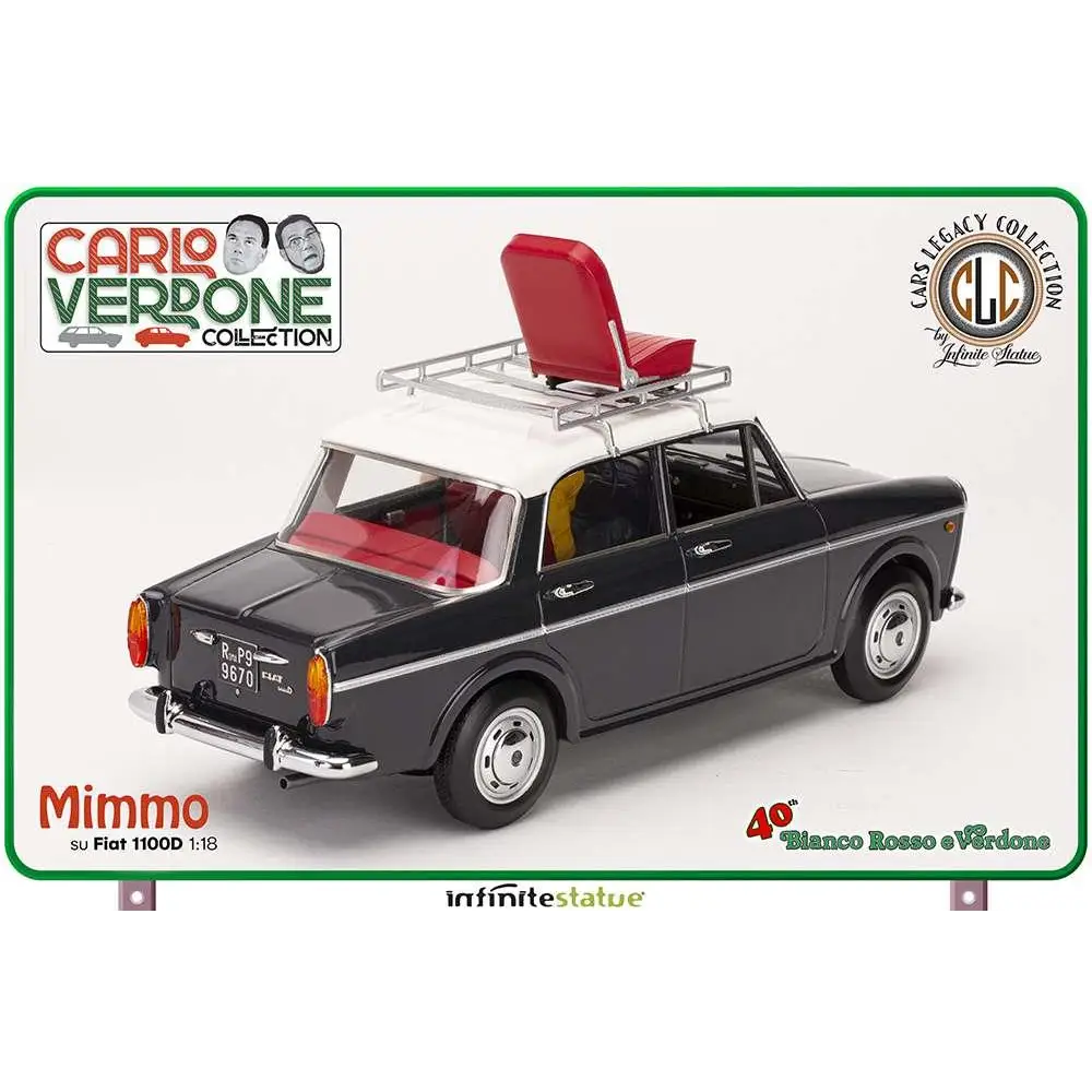 Svartvit diecast-modell av Fiat 1100D med röd interiör och takrack med röd stol, Mimmo Med 1/18 resinbil
