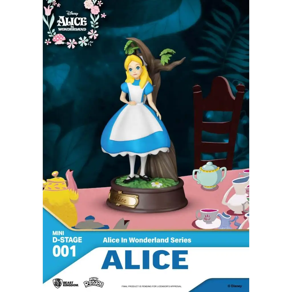 Mini D-Stage Alice i Underlandet-figur med blåvit klänning och blont hår på brun bas