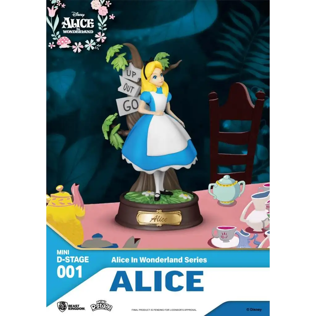 Mini D-Stage Alice i Underlandet: Alice i blå-vit klänning vid träd med skyltar på brun bas