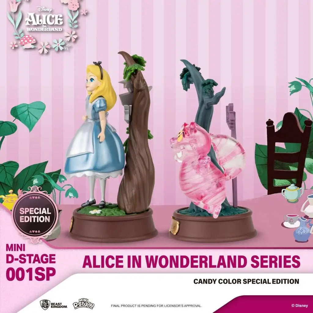 Mini D-Stage Alice i Underlandet godis-färgad exklusiv 2-pack med Alice i blå klänning och genomskinlig rosa Cheshire Cat