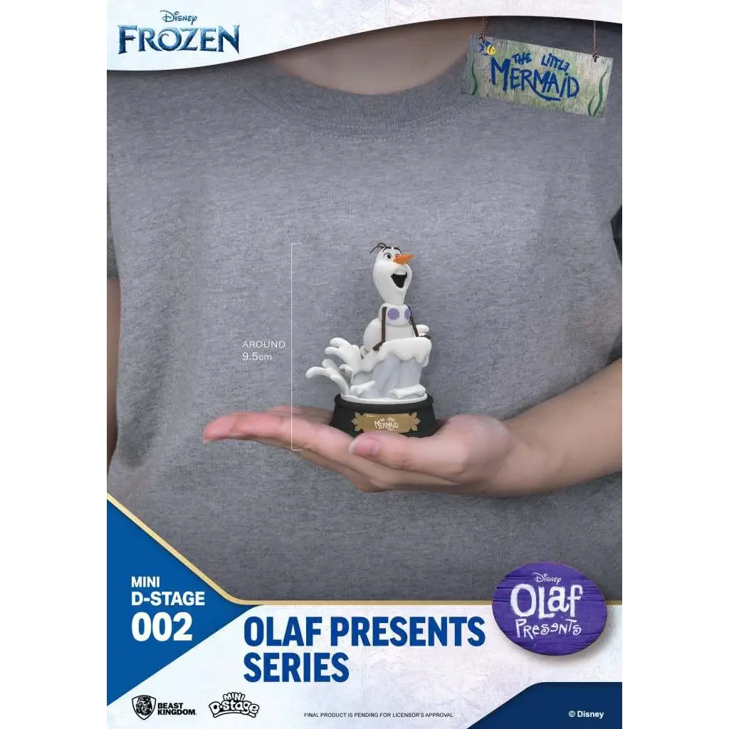 Vit olaf-figur med lila knappar och svart bas, del av Olaf Presents-serien av Mini D-Stage