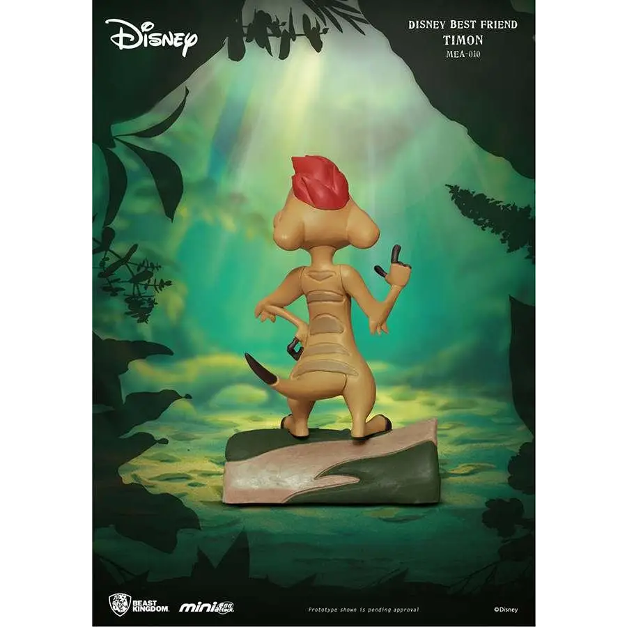 Liten Disney Bästa Vän Timon-meerkat med röd mössa och svart svansspets på stenbas