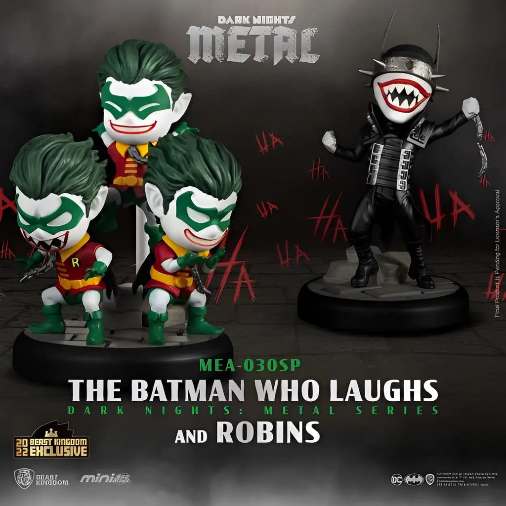 Svart och silver Joker-figur med spikad hjälm, vassa tänder och hotfullt flin från Mini Egg Attack Batman Who Laughs och Robin Minions