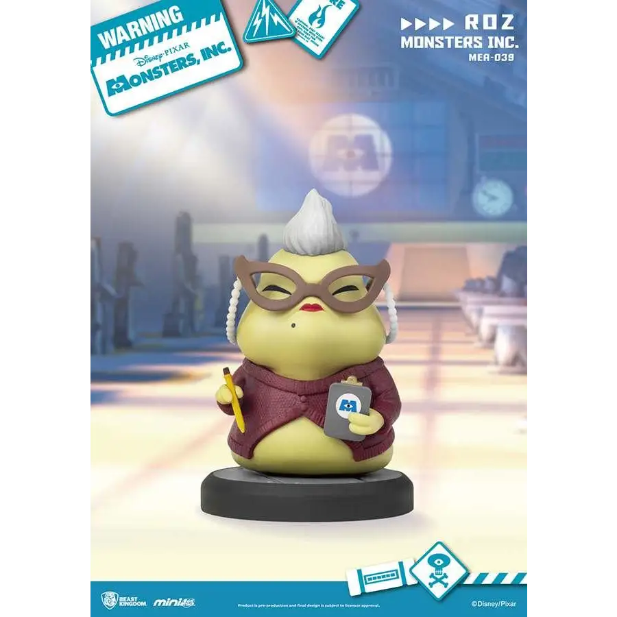 Gul rund figur av Monsters Inc-karaktär med vit hår, brun glasögon och maroon tröja