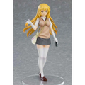 Misaki Shokuhou animefigur med långt blont hår i beige topp, vit skjorta, grå kjol och vita strumpbyxor på klar bas