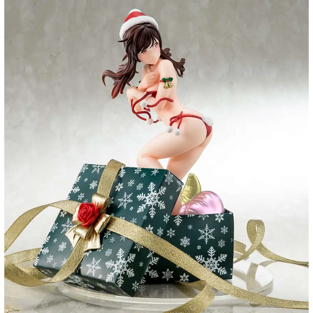 Mizuhara Chizuru i röd bikinisantaoutfit på presentlåda med snöflingor