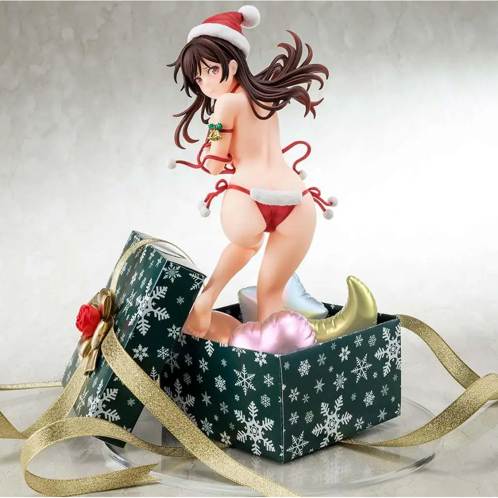 Detaljerad anime-figur av Mizuhara Chizuru i röd-vit jultomtebikini med hatt och festliga tillbehör