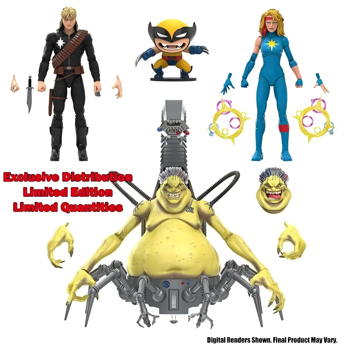 Gul och grå mekanisk spindelliknande skurk actionfigur från Marvel Legends Mojoworld Multipak Ultra Limited Set med ledade lemmar, metalliska leder och segmenterad torso
