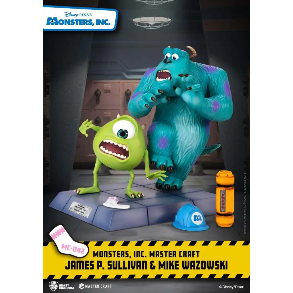 Blå och lila fläckig Sully-statue med grön enögd Mike-kompis i detaljerad päls