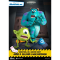 Blå och lila fläckig monsterfigur med horn bredvid grön enögd varelse, Monsters Inc. Sully och Mike Master Craft-staty