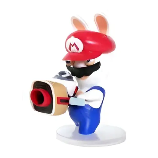 Mario-figur med röd mössa och blå overaller håller beige-svart vapen från Mrkb Rabbid