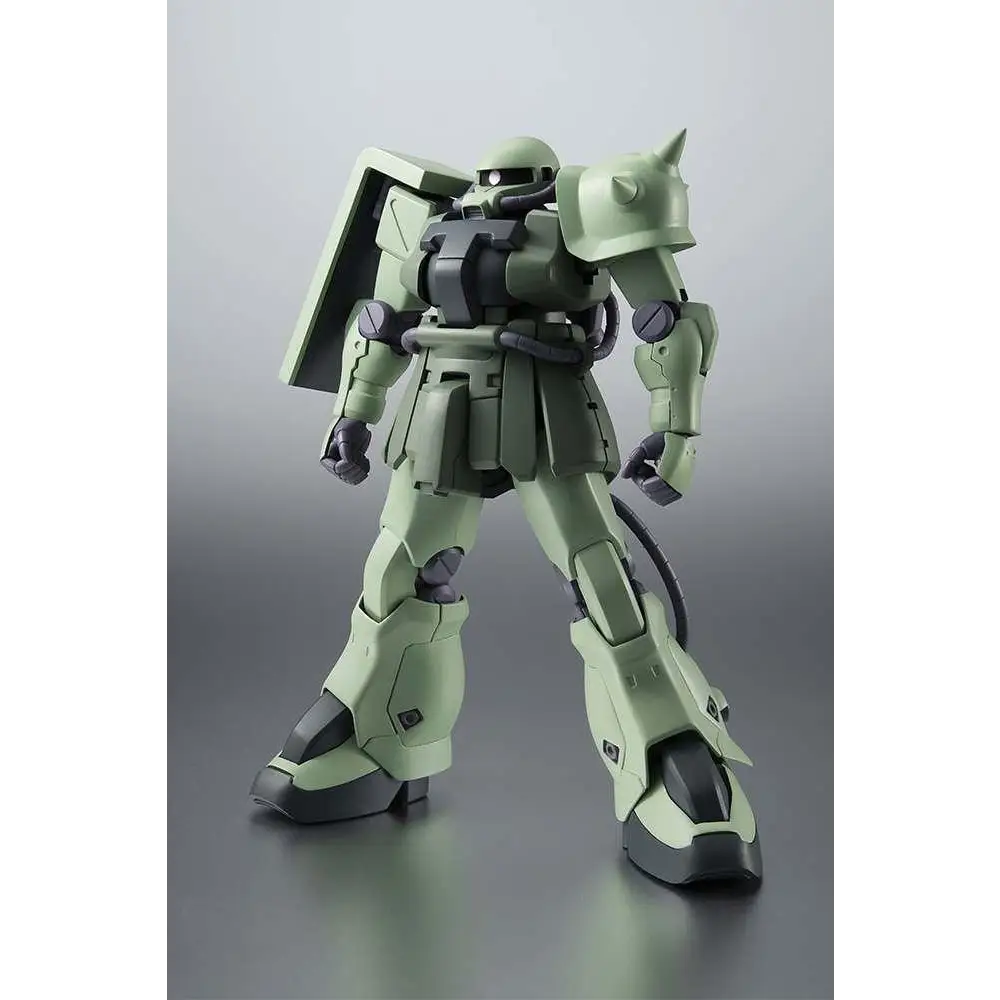 Olivgrön och mörkgrå plastmodell av MS-06F-2 Zaku II F-2 Type Ver.A.N.I.M.E Gundam med vinklade pansarplattor, axelmon