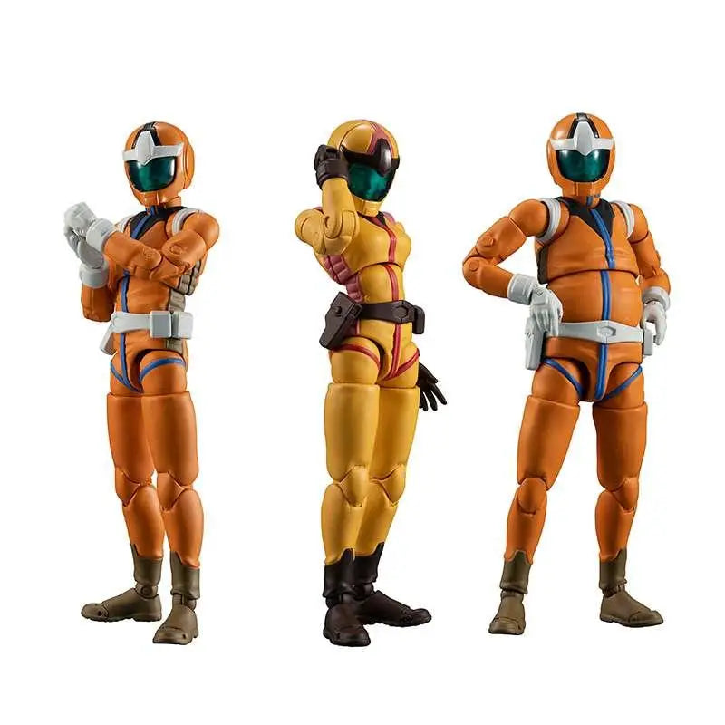 Tre orange-gula actionfigurer i detaljerade Ms Gundam Earth Federation Force-set