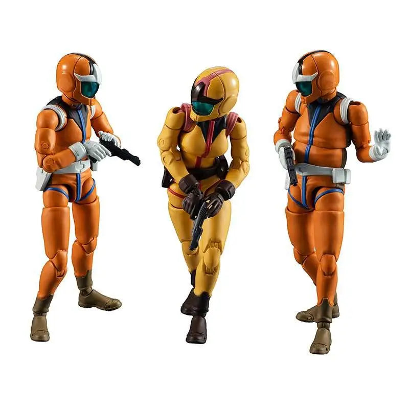 Tre orange-gula pansrade actionfigurer med gröna visir i Ms Gundam Earth Federation Force Box Set