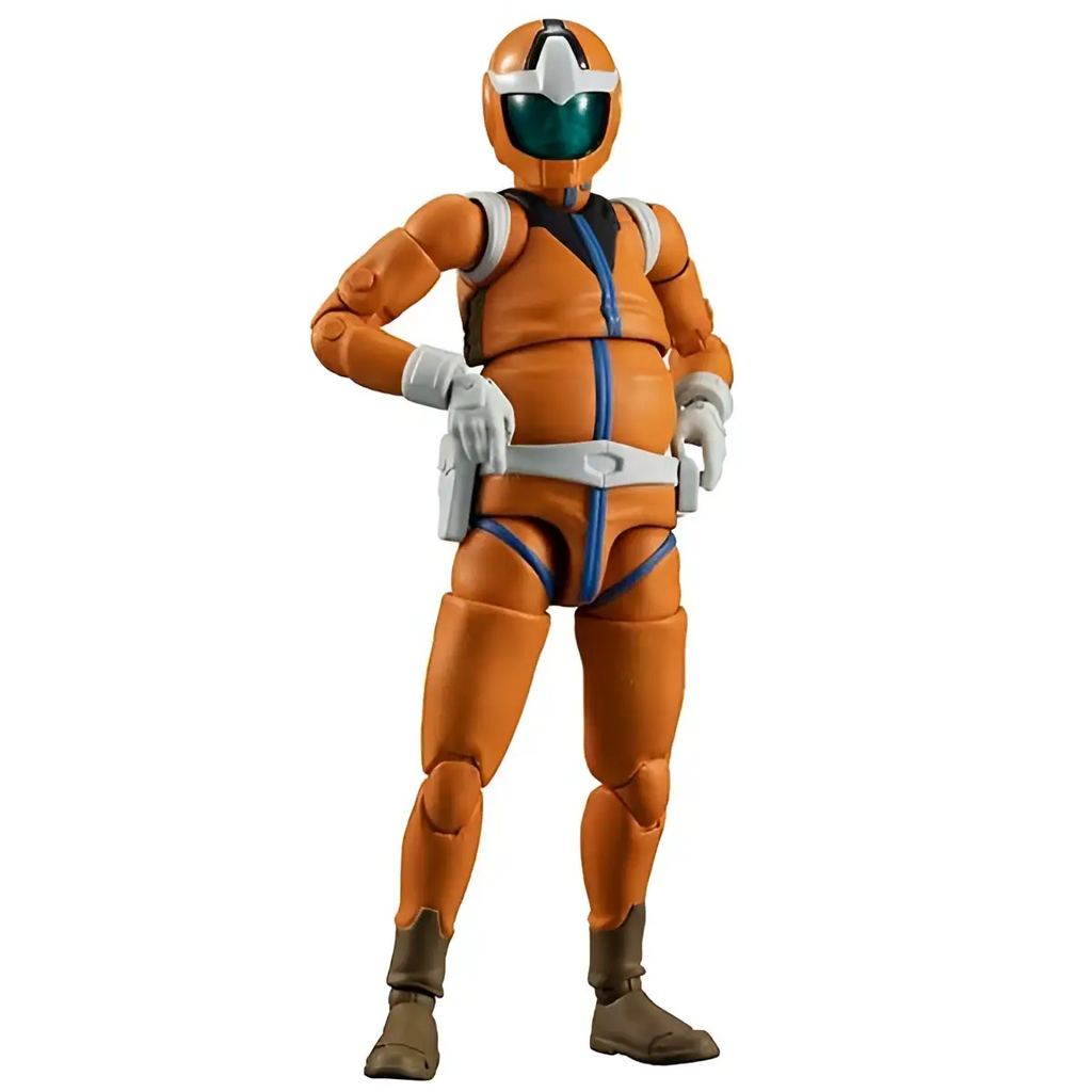 Orange och vit pansrad figur med grön visir, detaljerad plastkonstruktion, Ms Gundam Earth Federation Force Soldier 04