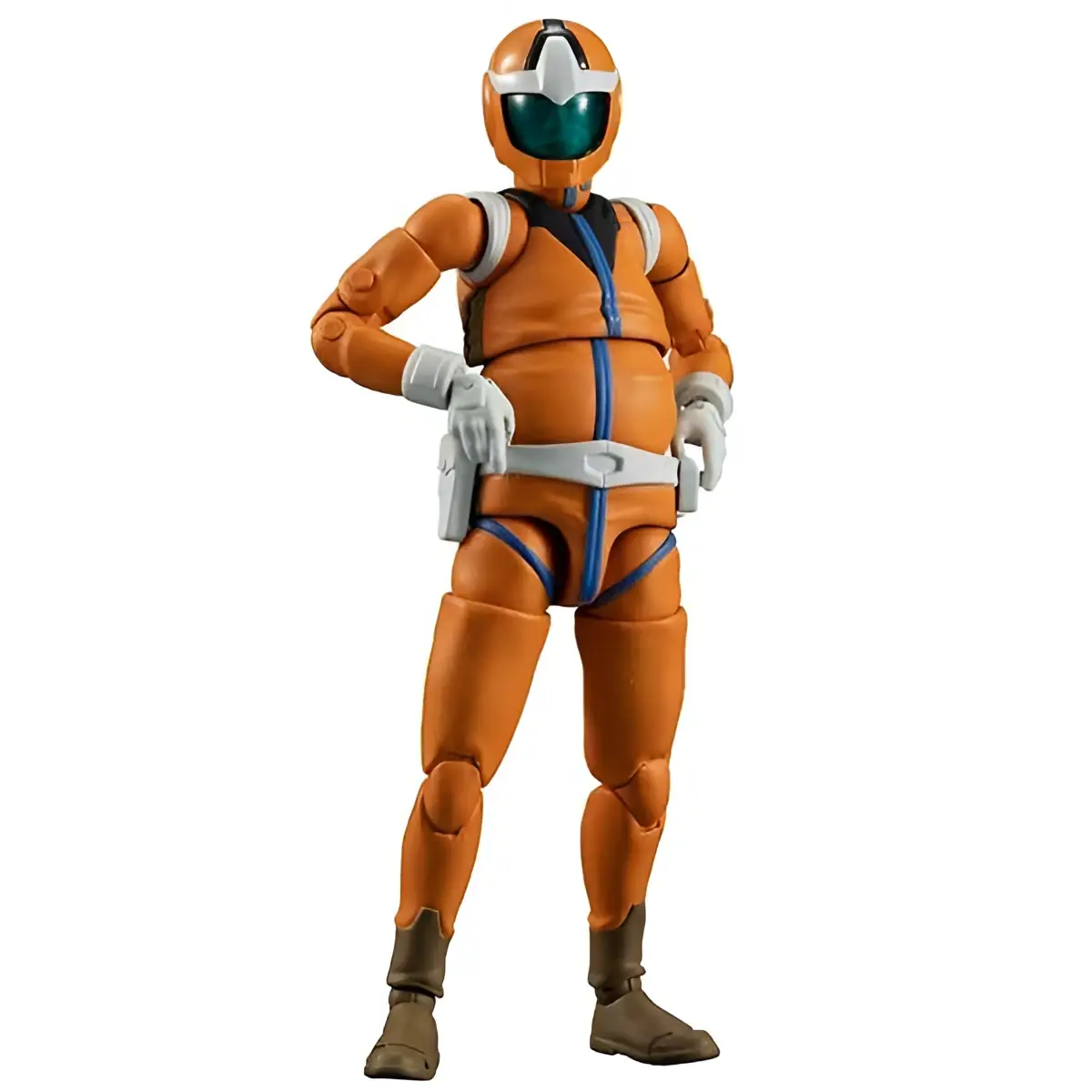 Orange och vit pansrad figur med grön visir, detaljerad plastkonstruktion, Ms Gundam Earth Federation Force Soldier 04