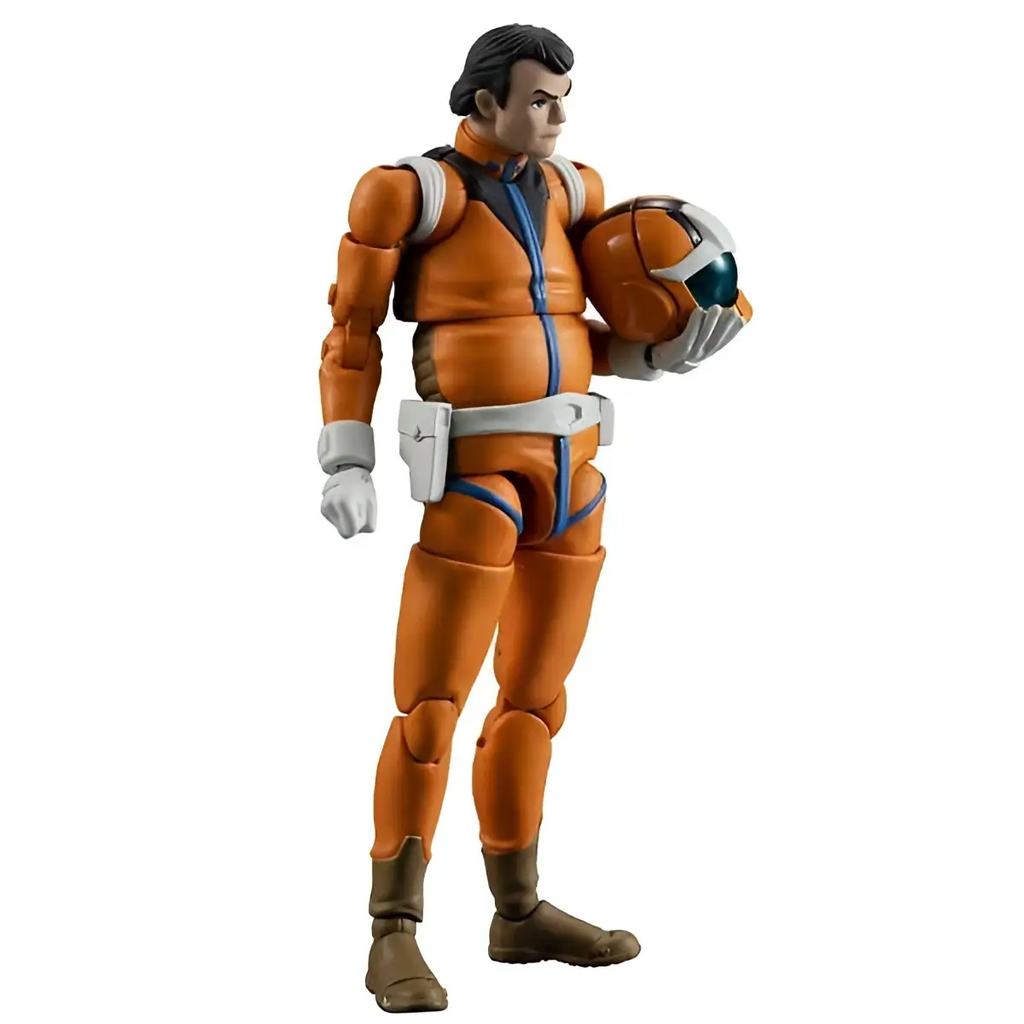 Orange och vit Ms Gundam Earth Federation Force Soldier 04 actionfigur i detaljerad flygdress med orange hjälm med blå accenter