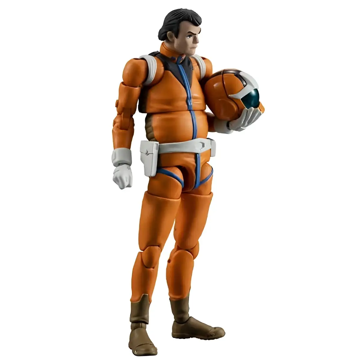 Orange och vit Ms Gundam Earth Federation Force Soldier 04 actionfigur i detaljerad flygdress med orange hjälm med blå accenter