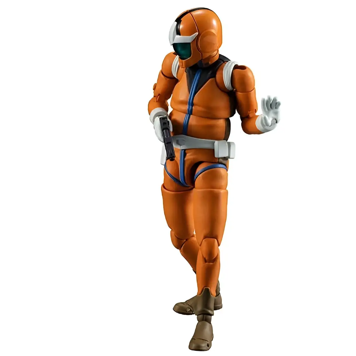 Orange och blå pansrad Ms Gundam-soldat i vit handskar, grå bälte och bruna stövlar