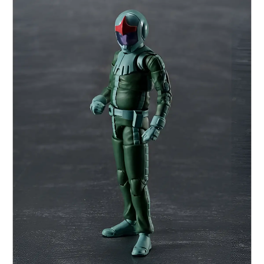 Grön pansrad actionfigur med hjälm och röd-lila visor, Ms Gundam Zeon Army Soldier 04 Norm Suit