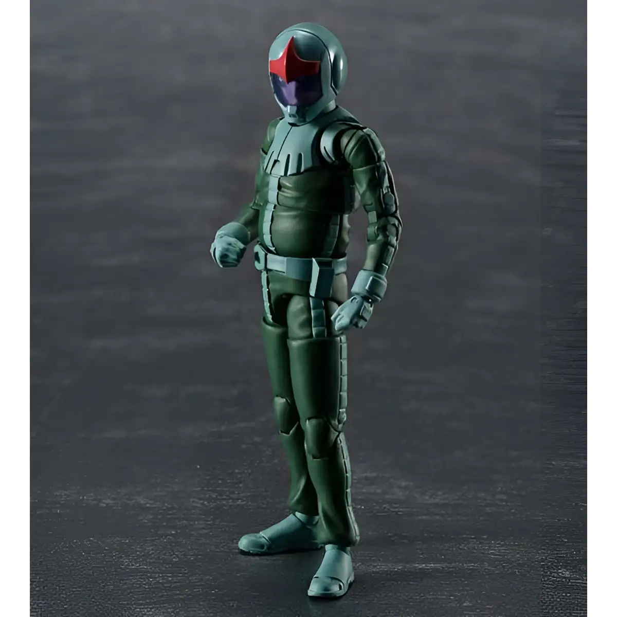 Grön pansrad actionfigur med hjälm och röd-lila visor, Ms Gundam Zeon Army Soldier 04 Norm Suit