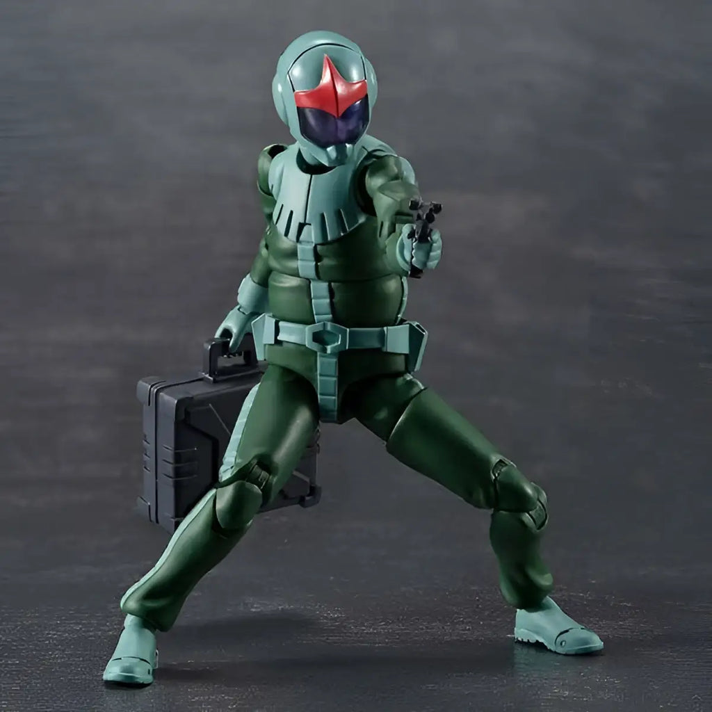 Grön och turkos pansrad Ms. Gundam Zeon-soldat med röd stjärna, pistol och väska