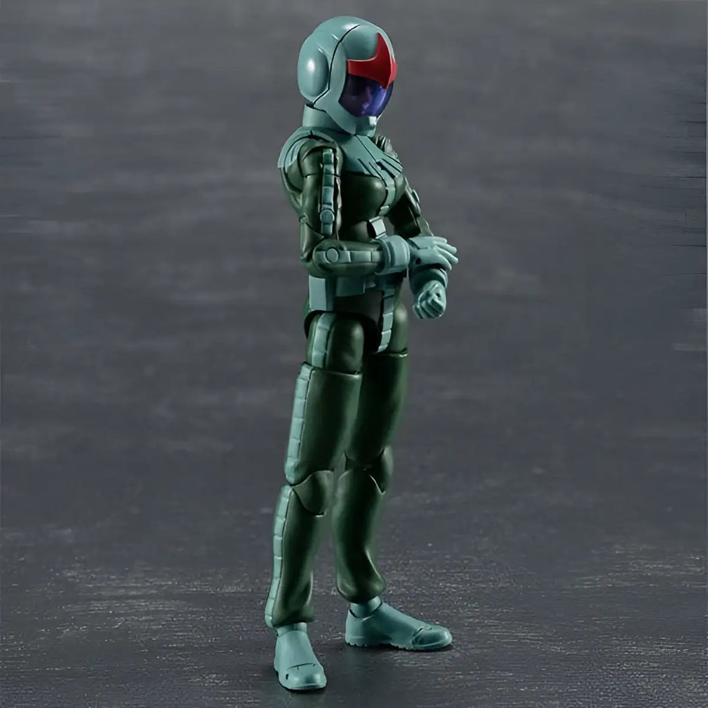 Grön och röd hjälmd actionfigur i detaljerad rustning, Ms Gundam Zeon Army Soldier 05 Norm Suit