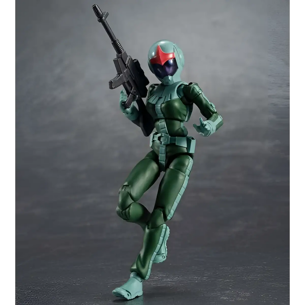 Grön och röd pansrad actionfigur med svart gevär, Ms Gundam Zeon-armésoldat 05 Norm-dräkt