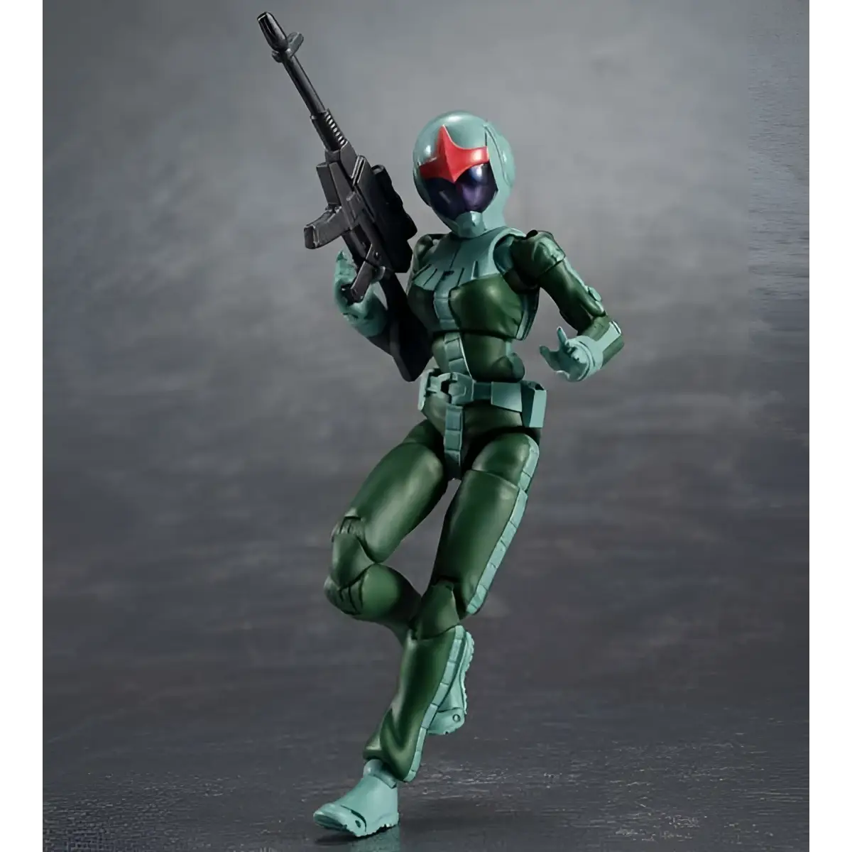 Grön och röd pansrad actionfigur med svart gevär, Ms Gundam Zeon-armésoldat 05 Norm-dräkt