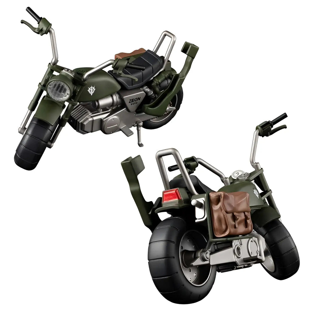 Olivgrön och silver Zeon-motorcykelmodell 1/18 med brunt lädersadelslära