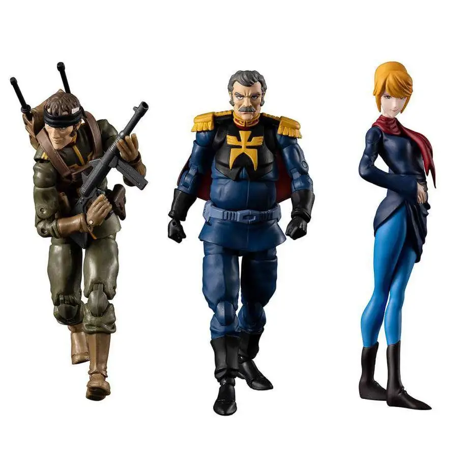 Tre detaljerade actionfigurer från Ms Gundam Zeon Principality Team Set med Ramba Ral, Hamon och motorcykel i militäruniformer