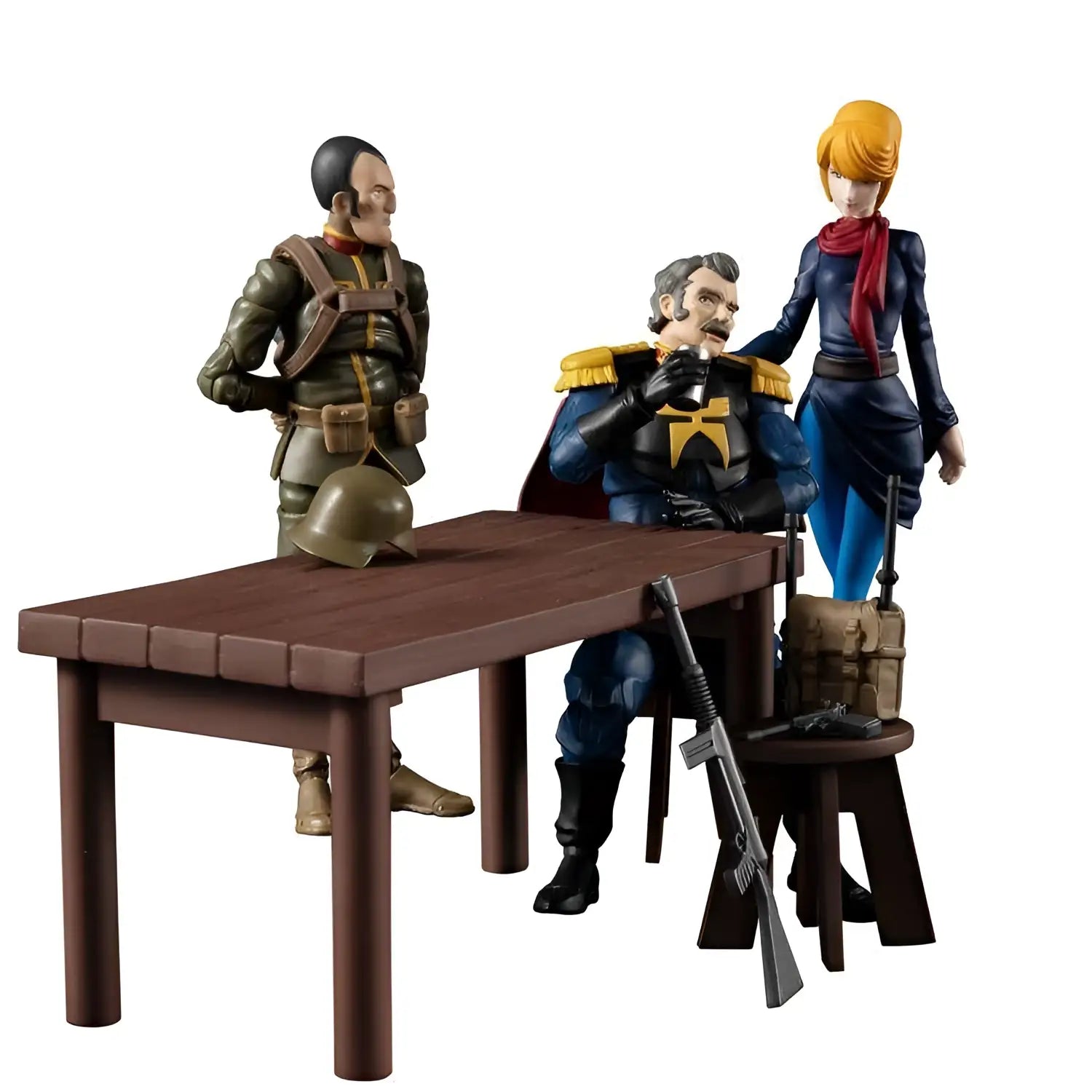 Tre detaljerade anime-figurer i militärkläder från Ms Gundam Zeon Principality Team Set: Ramba Ral, Hamon, motorcykel
