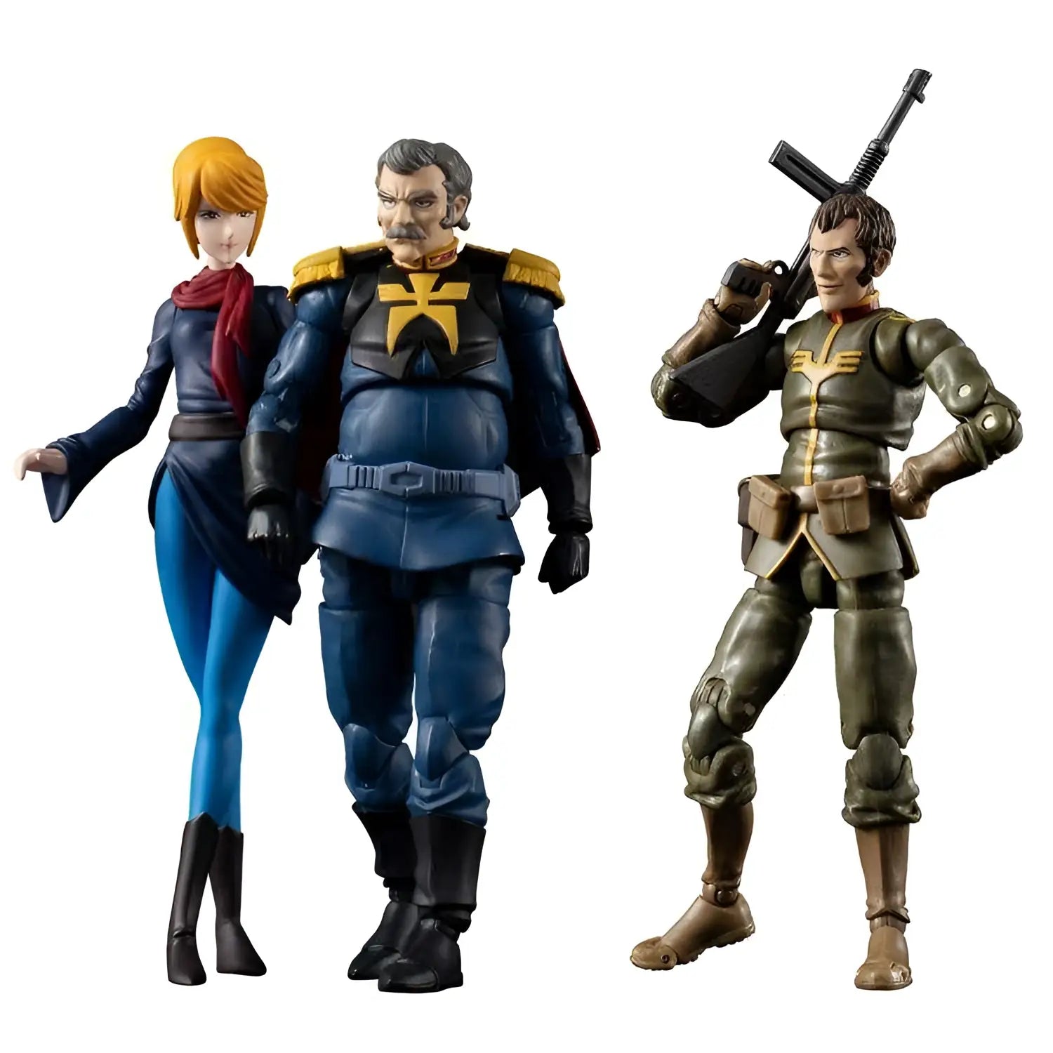 Tre detaljerade actionfigurer i militäruniformer från Ms Gundam Zeon Principality Team Set med Ramba Ral, Hamon och motorcykel, blå och grön rustning med gulddetaljer