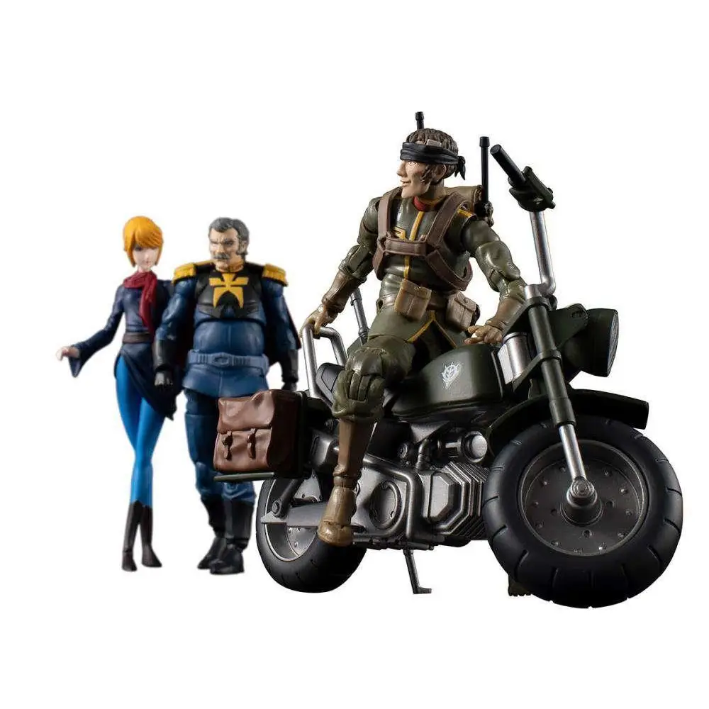 Ms Gundam Zeon Ramba Ral i olivgrön rustning på svart motorcykel