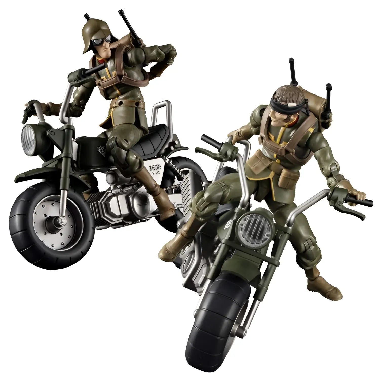 Två olivgröna och bruna Zeon-soldater på detaljerade motorcyklar med Zeon-logga