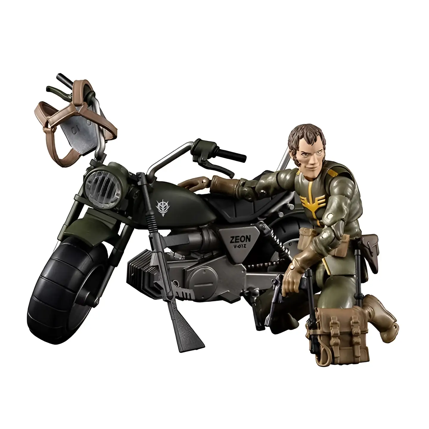 MS Gundam Zeon soldat i grön rustning på olivgrön V-412-motorcykel