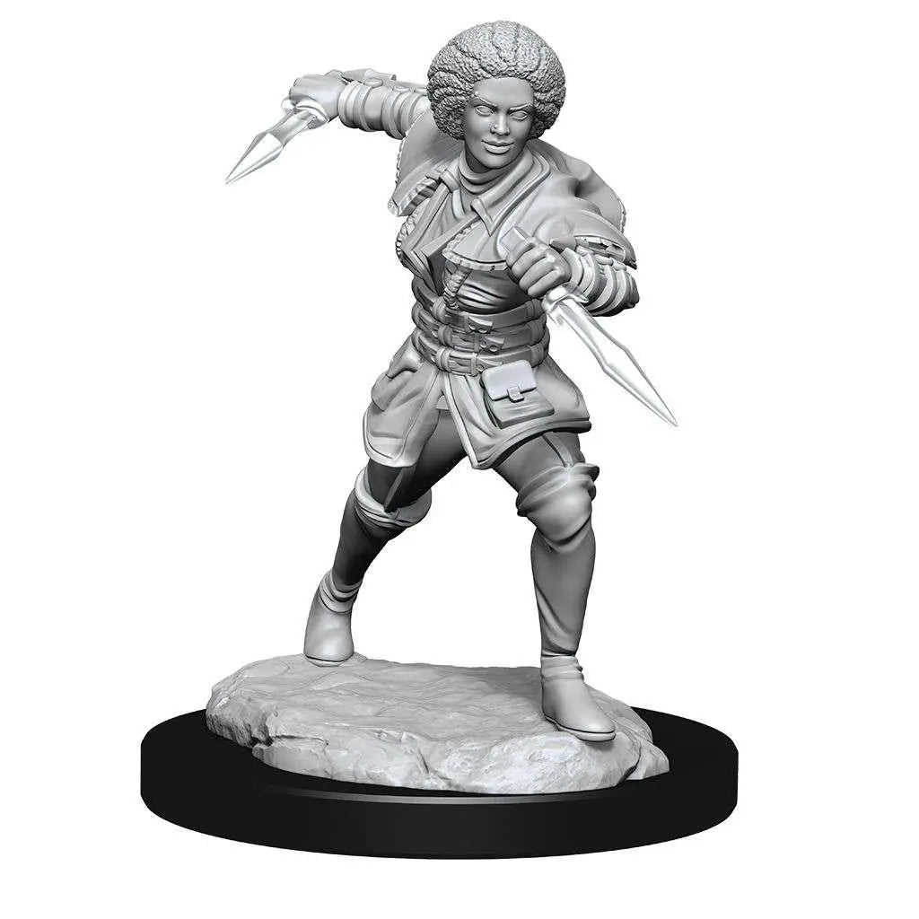 Grå hartsminiatyr av kvinnlig krigare med lockigt hår, lagerpansar och dubbla dolkar i MTG Um Kaya
