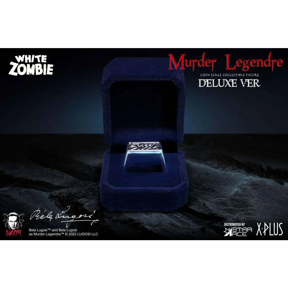 Silver ring med geometriskt mönster i marinblå sammetbox, Murder Legendre Bela Lugosi 1/6 B/W-figur