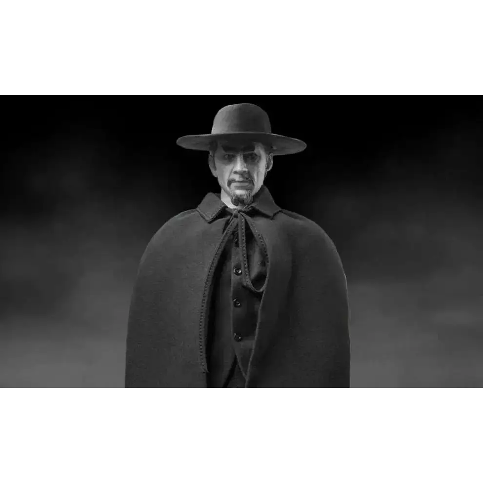 Svartvit figur av Murder Legendre som Bela Lugosi, västernlaglöst