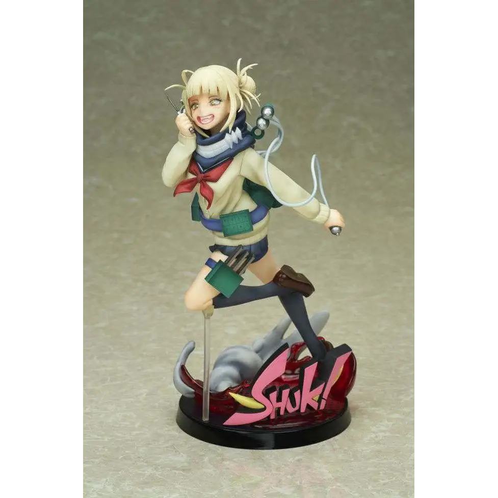 Detaljerad animefigur av Himiko Toga från My Hero Academia, blond tjej i beige skoluniform med röd rosett och blå accenter, dynamisk på svart bas med Shuk i rosa