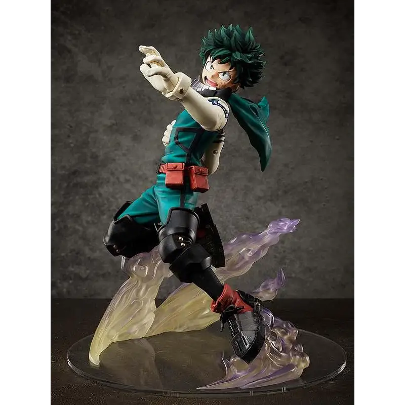 Dynamisk My Hero Academia Izuku Midoriya 1/4-figur i telegul och svart, hoppande med lila energi runt fötterna