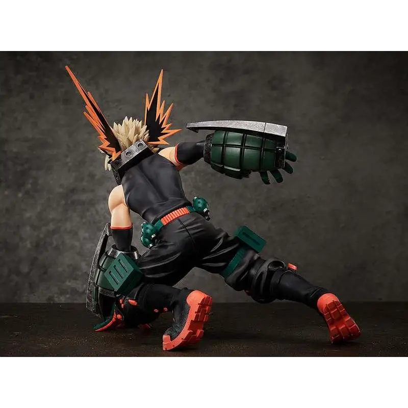 Katsuki Bakugo från My Hero Academia i dynamisk pose, svart och orange figur