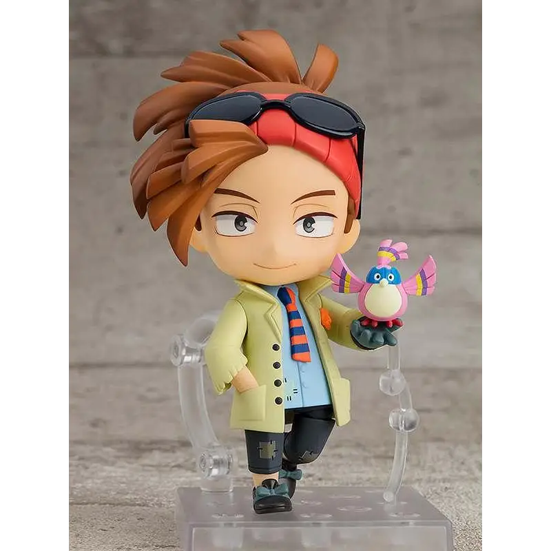 Chibi Nendoroid-figur av Rody Soul från My Hero Academia med spikig brunt hår, svarta solglasögon och rosa fågel