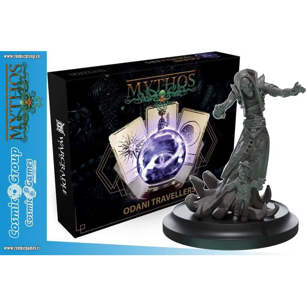 Sätt med sju mörkgröna miniatyrfigurer från Mythos Odani Travellers Faction Starter Set