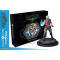 Målad miniatyrkrigare från Mythos: Priory Faction Starter Set med röd väst, grå byxor, blå flammande eld och kniv