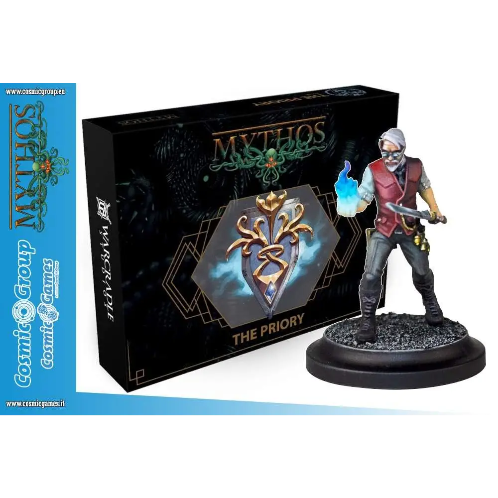 Målad miniatyrkrigare från Mythos: Priory Faction Starter Set med röd väst, grå byxor, blå flammande eld och kniv