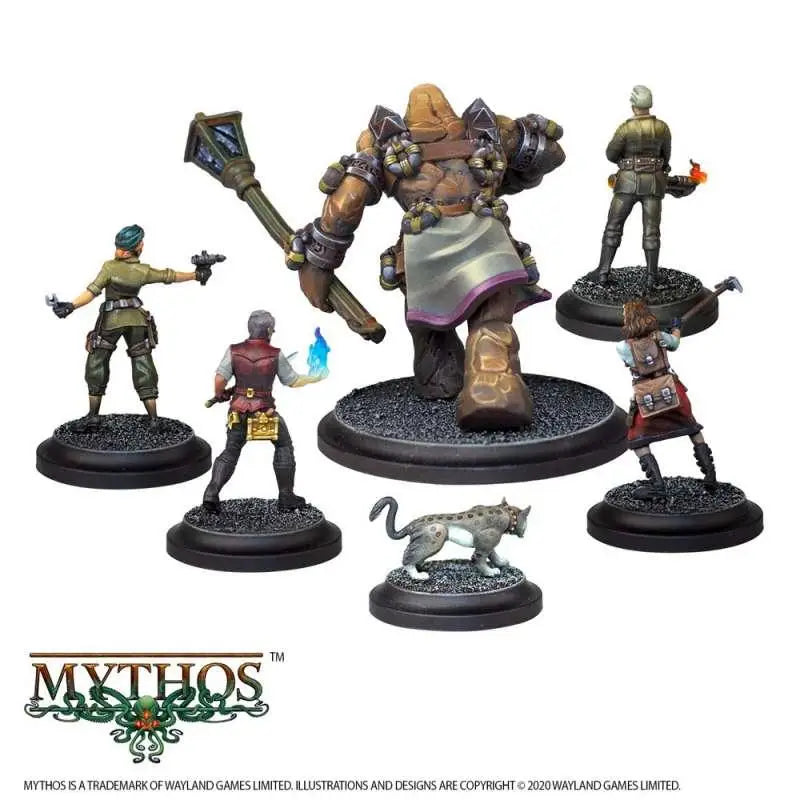 Mythos Priory Faction Starter Set med fem målat fantasyfigurer och fläckig katt