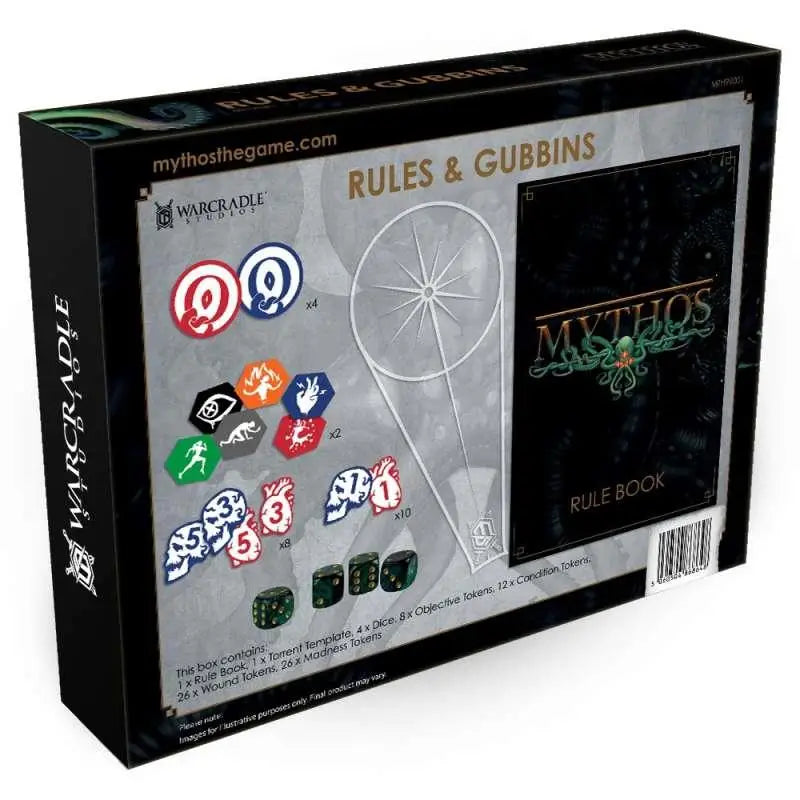 Svart kartonglåda för Mythos Regler & Gubbins Box Set med Mythos-logo och spelkomponenter